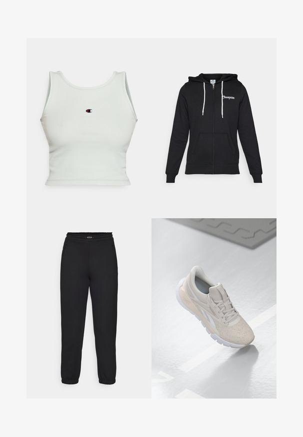 Champion GRAPHIC FULL ZIP HOODIE - Sweatjakke - black; Lys grønn ribbet crop top med rund hals og brede stropper. Har et lite, brodert logo i midten foran.; Champion C-TECH CUFFED PANTS INTERLOCK - Joggebukse - black; Lys beige treningssko med perforert overdel, teksturerte detaljer, polstret krage og hvit gummisåle, designet for komfort og pusteegenskaper.