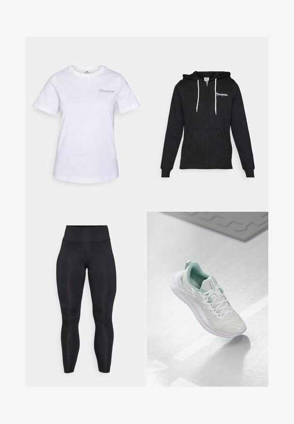 Champion GRAPHIC FULL ZIP HOODIE - Sudadera con cremallera - black; Camiseta de algodón blanca de manga corta, con un pequeño logotipo bordado de "Champion" en púrpura claro en el lado izquierdo del pecho.; Leggings negros de cintura alta y largo completo con tejido suave y detalles de costura visibles en la parte frontal y la cinturilla.; Zapatilla atlética gris claro con parte superior de punto texturizado, detalles en verde menta, cordones blancos, suela de goma y tira en el talón.