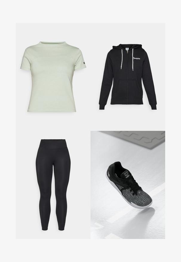 Champion GRAPHIC FULL ZIP HOODIE - Sudadera con cremallera - black; Camiseta de manga corta de color verde claro, hecha de tela suave, con un cuello redondo y un pequeño logo en la manga izquierda.; Leggings negros de tejido elástico, con cintura alta, piernas ajustadas y puños en los dobladillos, con una textura suave y mate.; Zapato deportivo negro con una parte superior de malla texturizada y con patrón, cordones negros y suela blanca. Presenta el logotipo de Reebok en la lengüeta y en el lateral.