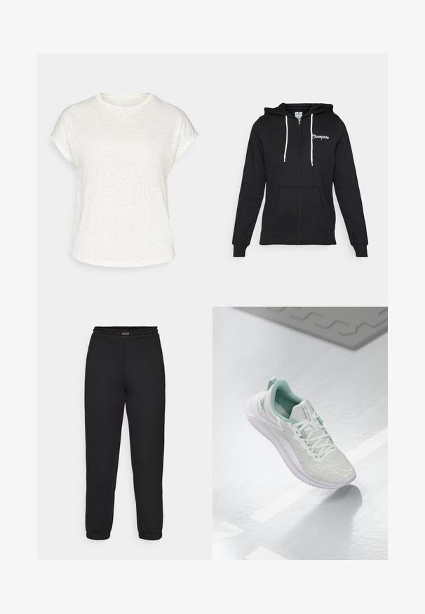Champion GRAPHIC FULL ZIP HOODIE - Sweater met rits - black; Witte t-shirt met korte mouwen, voorzien van een textuur met bloemenpatroon, ronde halslijn en een ontspannen pasvorm. Gemaakt van zachte, lichte stof.; Champion C-TECH CUFFED PANTS INTERLOCK - Trainingsbroek - black; Lichtgrijze sportschoen met een gestructureerde gebreide bovenkant, mintgroene accenten, witte veters, rubberen zool en een trekkinglus op de hiel.