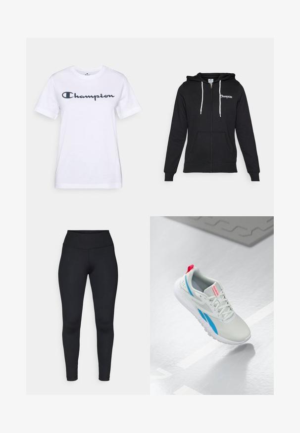 Champion GRAPHIC FULL ZIP HOODIE - Sweatjacke - black; Weißes Baumwoll-T-Shirt mit kurzen Ärmeln und Rundhalsausschnitt, mit einem dunklen Marineblau "Champion"-Logo auf der Brust. Weicher Stoff, schlichtes Design.; Schwarze Leggings aus dehnbarem Stoff, mit hoher Taille, glatter Textur und sauberen Nähten ohne sichtbare Muster oder Beschläge.; Weiß-blaues Reebok-Sneaker mit rotem Ziehband schwebt über einem glänzenden Boden, daneben befindet sich eine graue Gummimatte.