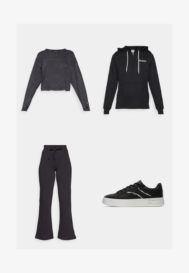 Champion GRAPHIC FULL ZIP HOODIE - Užtrauktuku užsegamas treningas - black; Juodas, trumpintas ilgas rankovės džemperis su tekstūruotu paviršiumi ir apvaliu kaklu. Ant kairės krūtinės yra mažas logotipas ir raukšlėti rankogaliai.; Juodos flared tipo sportinės kelnės, pagamintos iš minkštos medžiagos, su raišteliu reguliuojamu juosmeniu ir lygiu paviršiumi. Sukurtos patogumui ir lengvam dėvėjimui.; Juoda odinė sportinė avalynė su balta padu, turinti plonus sidabrinius akcentus ir raištelių dizainą. Lygus paviršius su prekės ženklo detalėmis ant kulno.