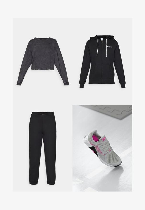 Champion GRAPHIC FULL ZIP HOODIE - Zip-up sweatshirt - black; Black cropped long-sleeve sweatshirt with a textured finish and a round neck. Features a small logo on the left chest and ribbed cuffs.; Champion C-TECH CUFFED PANTS INTERLOCK - Tracksuit bottoms - black; Gray and pink Reebok athletic sneaker with mesh upper and detailed sole, displayed on a reflective white surface.