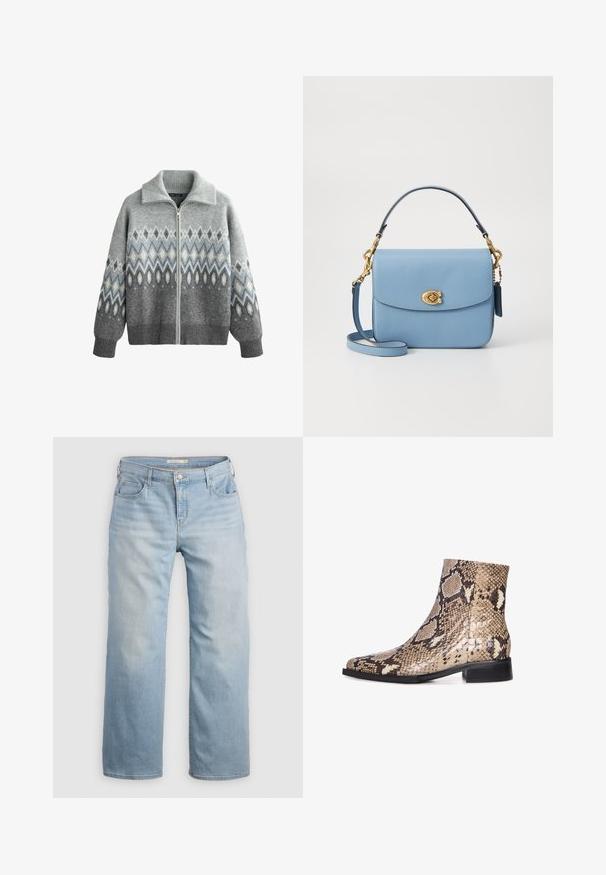 Sivi pulover od pletene tkanine, s patentnim zatvaračem, visokim ovratnikom i geometrijskim uzorcima u nijansama sive i plave.; Bijela majica s kratkim rukavima, okrugli izrez, izrađena od mekog, glatkog pamučnog materijala, sa ravnim rubom i minimalnim detaljima. Jednostavan i svestran dizajn.; Svijetloplave široke traperice izrađene od denima. Imaju visok struk, pet džepova i kontrastne šavove. Glatka tekstura s izblijedjelim završetkom.; Ankletske čizme od zmijskog uzorka sa špicastim nosom, sa sjajnim finišem, neutralnim bež i smeškim bojama, niskom crnom potpeticom i teksturiranim uzorkom.; COACH CASSIE CROSSBODY BAG - Ručna torba - blue