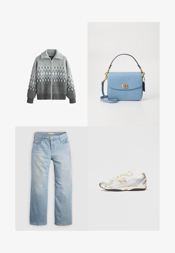 Sivý sveter z pleteného materiálu so zapínaním na zips, vysokým golierom a geometrickými vzormi v odtieňoch sivej a modrej.; Biela krátka rukávová tričko, s okrúhlym výstrihom, vyrobené z jemnej a hladkej bavlnenej tkaniny, s rovnými okrajmi a minimálnymi detailami. Jednoduchý a univerzálny dizajn.; Svetlomodré široké džínsy vyrobené z denimu. Vybavené vysokým pásom, piatimi vreckami a kontrastným prešívaním. Hladká textura s vyblednutým povrchom.; Športové tenisky svetlosivej farby so striebornými akcentmi, sieťovaným vrchom, béžovými detailmi a čiernou gumovou podrážkou. Obsahujú šnúrky a polstrovaný golier.; COACH CASSIE CROSSBODY BAG - Kabelka - blue