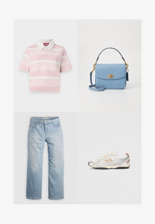 Siv sweater iz pletenega blaga, z zadrgo, visokim ovratnikom in geometrijskimi vzorci v odtenkih sive in modre.; Polo majica s kratkimi rokavi v svetlo roza in belih črtah, z klasičnim ovratnikom in gumbnim zapenjanjem. Tekstura tkanine z detajlom logotipa.; Svetlo modri široki traper hlače. Imajo visok pas, pet žepov in kontrastne šive. Gladka tekstura z izginjajočo obdelavo.; Športni čevlji v svetlo sivi barvi s srebrnimi detajli, mrežast gornji del, bež podrobnosti in črna gumijasta podlaga. Vključujejo vezalke in oblazinjen ovratnik.; COACH CASSIE CROSSBODY BAG - Torbica - blue