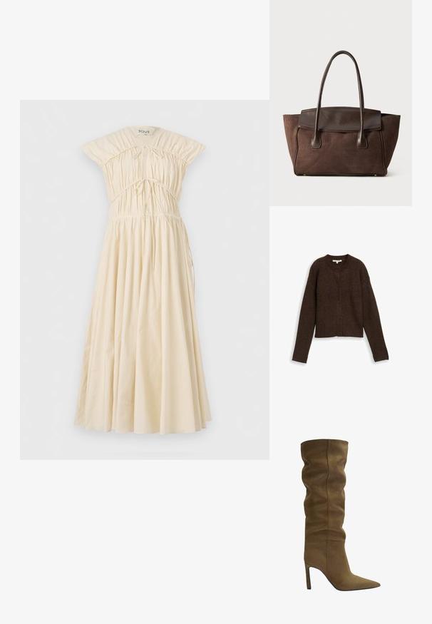 Barna bordás kardigán kerek dekoltázzsal, hosszú ujjal és öt gombbal elöl. Puha textúra és cropped fazon.; Ecru színű pamut ruha, kialakított felső résszel, ráncolt részletekkel és lágyan flowing szoknyával. Rövid, strukturált ujjaival és állítható zsinóros derékkal rendelkezik.; Olajzöld velúr térdizsungás csizma hegyes orral, laza felső dizájnnal és tűsarkúval, látható varrási részletekkel.; Barna velúr válltáska strukturált kialakítással, sima bőrfelületekkel, megnyúlt fogantyúkkal és finom kontrasztvarrással.