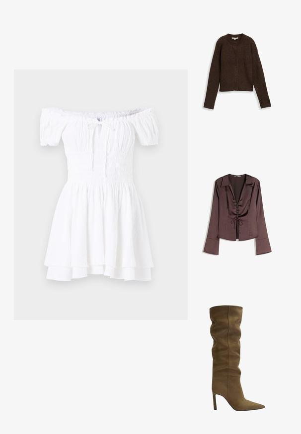 Brauner gerippter Cardigan mit Rundhalsausschnitt, langen Ärmeln und fünf Knöpfen auf der Vorderseite. Weiche Textur und kürzerer Schnitt.; Braune Satinbluse mit langen Ärmeln, tiefem V-Ausschnitt, Schnürung vorne und weit ausgestellten Ärmeln; glatte Textur und strukturierte Form.; Weißes schulterfreies Kleid mit gerafftem Oberteil, kurzen Puffärmeln und gestuftem Rüschensaum. Hergestellt aus leichtem, strukturiertem Stoff.; Olivgrüne Wildlederstiefel bis zum Knie mit spitz zulaufender Zehenform, lässigem Oberschuhdesign und Stilettoabsatz, mit sichtbaren Nähdetails.; Braune Wildleder-Tote mit strukturiertem Design, glatten Lederakzenten, verlängerten Griffen und subtiler Kontrastnaht.