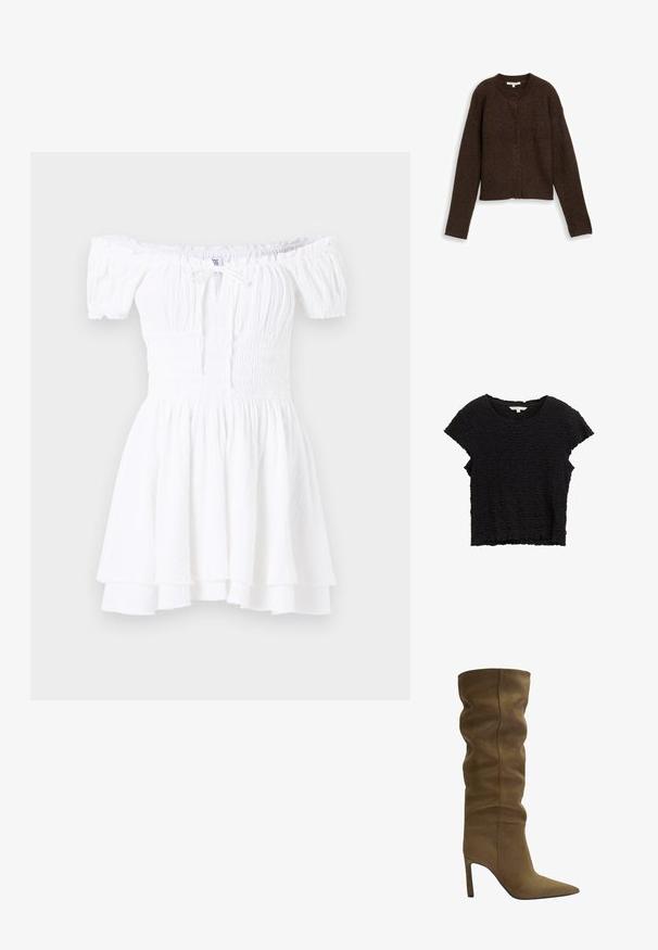 Rjav rebrast kardigan z okroglim izrezom, dolgimi rokavi in petimi gumbi spredaj. Mehka tekstura in skrajšan dizajn.; Črna majica s kratkimi rokavi iz teksturirane tkanine z gubanim videzom. Ima okroglo ovratnico in ohlapen kroj z neenakomernim robom.; Bela obleka brez naramnic z smučanim bodicem, kratkimi oblekami z puff rukavi in večplastnim naboranim robom. Narejena iz lahkotnega, teksturiranega blaga.; Olive zelena semiš čizme do kolena s špicastim vrhom, slobodnim gornjim dizajnom i štiklom, s vidljivim detaljima šivanja.; Rjava semiš torba za prostočasne dejavnosti s strukturirano zasnovo, gladkimi usnjenimi detajli, podolgimi ročaji in subtilnim kontrastnim šivanjem.
