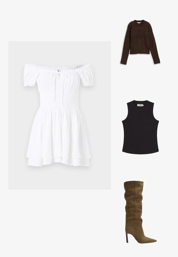 Brauner gerippter Cardigan mit Rundhalsausschnitt, langen Ärmeln und fünf Knöpfen auf der Vorderseite. Weiche Textur und kürzerer Schnitt.; Schwarzes ärmelloses Oberteil aus geripptem Material mit rundem Ausschnitt und geradem Saum. Hat ein Etikett auf der Innenseite am Rücken.; Weißes schulterfreies Kleid mit gerafftem Oberteil, kurzen Puffärmeln und gestuftem Rüschensaum. Hergestellt aus leichtem, strukturiertem Stoff.; Olivgrüne Wildlederstiefel bis zum Knie mit spitz zulaufender Zehenform, lässigem Oberschuhdesign und Stilettoabsatz, mit sichtbaren Nähdetails.