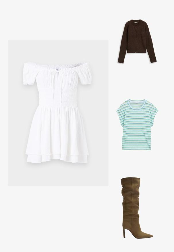 Barna bordás kardigán kerek dekoltázzsal, hosszú ujjal és öt gombbal elöl. Puha textúra és cropped fazon.; Csíkos, rövid ujjú felső világoskék, zöld és fehér színekben. Kerek nyakkivágása és laza fazonja van, puha, lélegző anyagból készült.; Fehér, váll nélküli ruha smocked felső résszel, rövid puffos ujjakkal és lépcsőzetes, fodros szegéllyel. Könnyű, texturált anyagból készült.; Olajzöld velúr térdizsungás csizma hegyes orral, laza felső dizájnnal és tűsarkúval, látható varrási részletekkel.; Barna velúr válltáska strukturált kialakítással, sima bőrfelületekkel, megnyúlt fogantyúkkal és finom kontrasztvarrással.