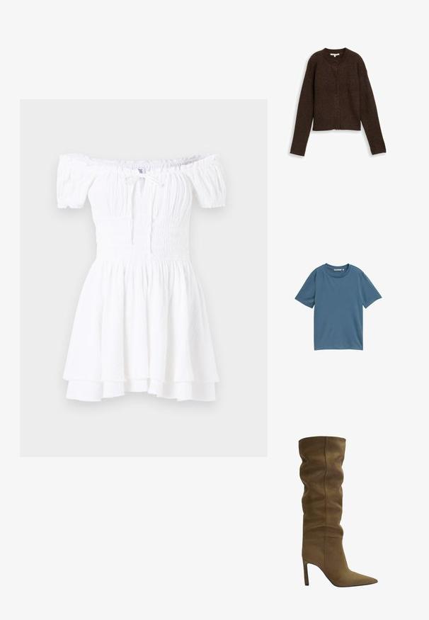 Ruskea ribattava neuletakki, jossa on pyöreä pääntie, pitkät hihat ja viisi nappia edessä. Pehmeä rakenne ja lyhyt malli.; Lyhythihainen t-paita, jossa on tasainen sininen väri, pyöreä kaula-aukko, pehmeä materiaali, rento malli, ei kuvioita tai metalliosia.; Valkoinen hartiat paljastava mekko, jossa on rypytetty yläosa, lyhyet puffihihat ja kerroksittainen volangareuna. Valmistettu kevyestä, teksturoidusta kankaasta.; Knee-high saapas oliivi vihreä mokka, jossa on terävä kärki, löysä yläosa ja stiletto-korko, jossa on näkyviä ompeluyksityiskohtia.; Ruskea mokkanahkainen kassi, jossa on jämäkkä muotoilu, sileät nahkaiset yksityiskohdat, pitkät kahvat ja hillitty kontrastivärinen ommel.