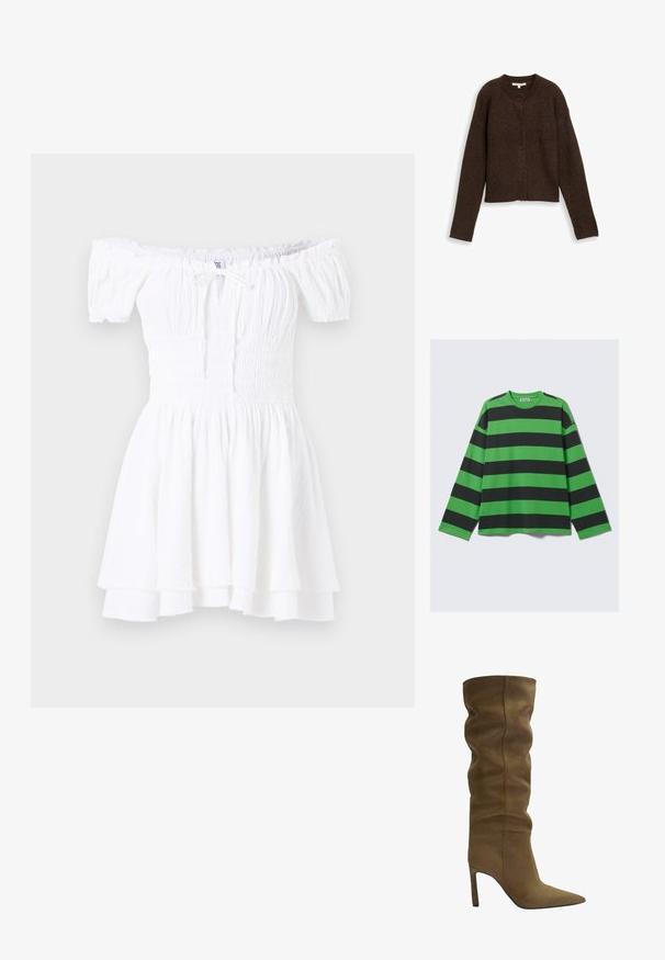 Brauner gerippter Cardigan mit Rundhalsausschnitt, langen Ärmeln und fünf Knöpfen auf der Vorderseite. Weiche Textur und kürzerer Schnitt.; Langärmliges T-Shirt mit auffälligen grünen und schwarzen horizontalen Streifen, aus weichem Material gefertigt, mit lockerem Schnitt und rundem Ausschnitt.; Weißes schulterfreies Kleid mit gerafftem Oberteil, kurzen Puffärmeln und gestuftem Rüschensaum. Hergestellt aus leichtem, strukturiertem Stoff.; Olivgrüne Wildlederstiefel bis zum Knie mit spitz zulaufender Zehenform, lässigem Oberschuhdesign und Stilettoabsatz, mit sichtbaren Nähdetails.; Beige Leder-Hüfttasche mit zwei vorderen Reißverschlusstaschen und verstellbarem Gurt, geprägt mit dem "VENEZIA"-Logo in der Mitte der vorderen Tasche.