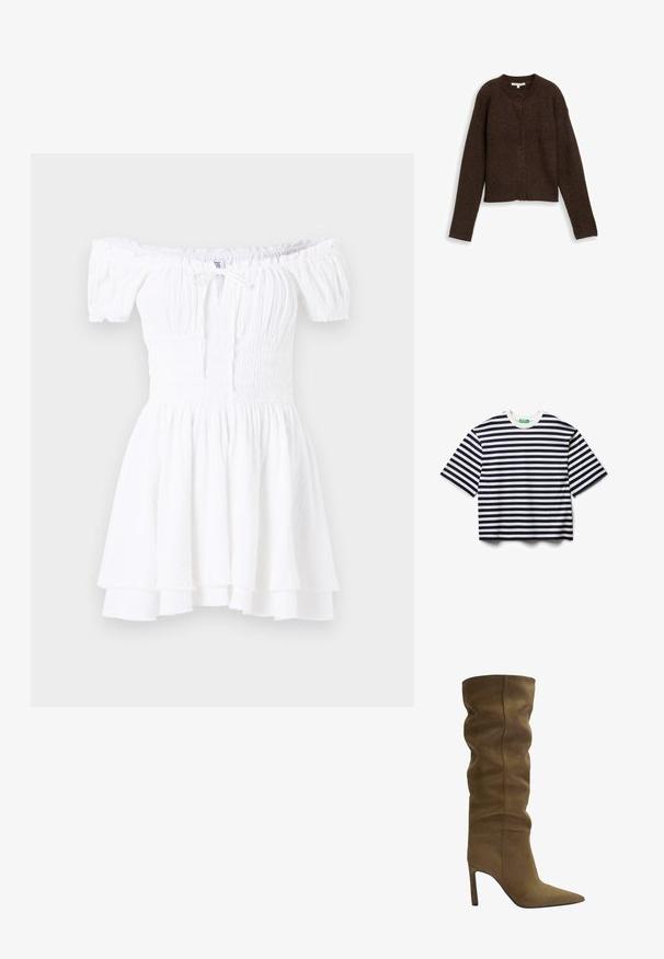 Hnědý žebrovaný cardigan s kulatým výstřihem, dlouhými rukávy a pěti knoflíky vpředu. Měkká textura a zkrácený střih.; Námořnická a bílá pruhovaná tričko s krátkým rukávem a kulatým výstřihem. Vyrobeno z měkké a prodyšné látky; volný střih a rovný lem.; Bílé šaty bez ramínek se smockovaným korzetem, krátkými nabíranými rukávy a vrstveným volánkovým lemováním. Vyrobené z lehké, strukturované tkaniny.; Olive green semišové vysoké boty po kolena s špičatou špičkou, uvolněným designem svršku a stiletto podpatkem, s viditelnými švy.