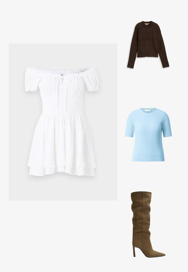 Ruskea ribattava neuletakki, jossa on pyöreä pääntie, pitkät hihat ja viisi nappia edessä. Pehmeä rakenne ja lyhyt malli.; Vaaleansininen lyhythihainen neulepaita, jossa on teksturoitu ribbikuvio. Pyöreä pääntie ja pehmeä neulomateriaali, sopii arkiseen käyttöön.; Valkoinen hartiat paljastava mekko, jossa on rypytetty yläosa, lyhyet puffihihat ja kerroksittainen volangareuna. Valmistettu kevyestä, teksturoidusta kankaasta.; Knee-high saapas oliivi vihreä mokka, jossa on terävä kärki, löysä yläosa ja stiletto-korko, jossa on näkyviä ompeluyksityiskohtia.; Ruskea mokkanahkainen kassi, jossa on jämäkkä muotoilu, sileät nahkaiset yksityiskohdat, pitkät kahvat ja hillitty kontrastivärinen ommel.