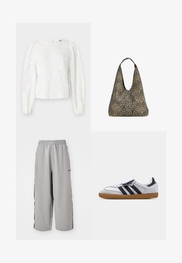 Gray long-sleeve knit cardigan with a round neckline and single button closure at the top front, laid flat on white background.; White blouse with long puffed sleeves, featuring embroidered floral patterns and a round neckline. Back zipper closure.; Gray sweatpants made of soft fabric, featuring an elastic waistband, cropped length, and black side stripes for contrast.; White leather sneaker with black stripes and grey accents, featuring a rounded toe and gum rubber outsole. Velcro strap and lace closure.; PULL&BEAR Tote bag - mottled dark brown