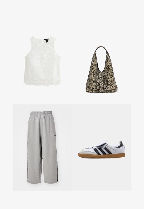 Grauer langärmeliger Strickcardigan mit Rundhalsausschnitt und einem Knopfverschluss an der oberen Vorderseite, flach auf weißem Hintergrund ausgelegt.; Weißes ärmelloses Oberteil mit floralem Stickerei, gewelltem Saum und Schlüssel-ausschnitt hinten. Hergestellt aus leichtem Stoff mit strukturierten Mustern.; Graue Jogginghosen aus weichem Stoff, mit elastischem Bund, kürzerer Länge und schwarzen Seitenstreifen zur Kontrastierung.; Weiße Ledersneaker mit schwarzen Streifen und grauen Akzenten, ausgestattet mit einer runden Zehenpartie und einer Laufsohle aus Gummi. Mit Klettverschluss und Schnürung.; PULL&BEAR Shopping Bag - mottled dark brown
