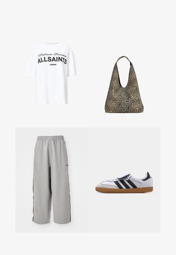 Gray long-sleeve knit cardigan with a round neckline and single button closure at the top front, laid flat on white background.; White cotton t-shirt featuring black printed text "Infinite Summer ALLSAINTS LONDON" in bold and script fonts, relaxed fit, short sleeves.; Gray sweatpants made of soft fabric, featuring an elastic waistband, cropped length, and black side stripes for contrast.; White leather sneaker with black stripes and grey accents, featuring a rounded toe and gum rubber outsole. Velcro strap and lace closure.; PULL&BEAR Tote bag - mottled dark brown