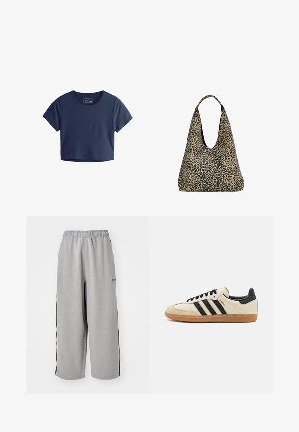 Sivý pletený kardigán s dlhým rukávom, okrúhlym výstrihom a jedným tlačidlom na hornom prednom okraji, položený rovno na bielom pozadí.; Námornícky modré skrátené tričko vyrobené z hladkej tkaniny, s krátkymi rukávmi, okrúhlym výstrihom a minimálnymi detailmi šitia. Značkový štítok je viditeľný vo vnútri.; Sivé tepláky vyrobené z mäkkého materiálu, s elastickým pásom, skrátenou dĺžkou a čiernymi bočnými pruhmi pre kontrast.; Béžová športová obuv s čiernymi pruhmi, gumovou podošvou a čiernymi akcentami. Má hladký kožený zvršok a zaoblený dizajn prstov.; PULL&BEAR Veľká kabelka - mottled dark brown