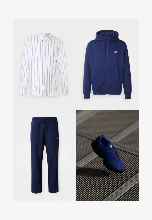 Camisola com fecho em navy blue feita de um suave tecido de fleece, com um bolso frontal, punhos canelados e um logotipo da Nike branco no lado esquerdo do peito.; Camisa branca de mangas longas com finas riscas verticais azuis, colarinho abotoado, um bolso no peito e punhos dobráveis. Textura de tecido suave.; Calças de jogging leve, de cor azul marinho, feitas de um tecido misto de algodão. Apresentam uma cintura com cordão e um pequeno logotipo no lado esquerdo.; Sapatilha atlética azul com parte superior texturizada, sola preta e atacadores. Apresenta uma marcação "air" na língua e elementos de amortecimento de ar visíveis.