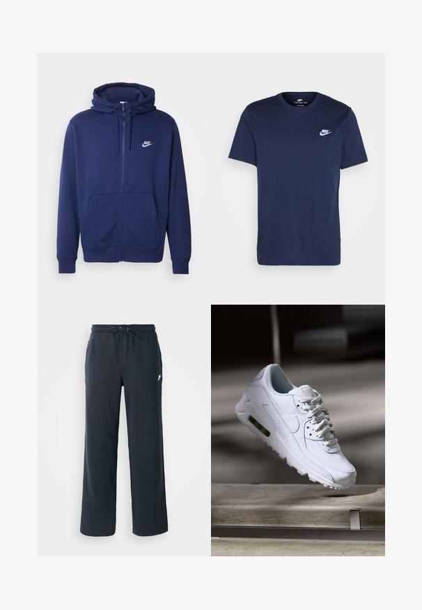 Navy zila rāvējslēdzēja kapuce, kas izgatavota no mīksta flīsa auduma, ar priekšējo kabatu, ribotām piedurknēm un balto Nike logo kreisajā krūtī.; Jūras zilas kokvilnas T-krekls ar apaļu kakla izgriezumu un īsām piedurknēm. Uz kreisā krūts redzama balta Nike logo, un tam ir taisna apakšmala.; Tumši zilie sporta bikses ar elastīgu jostasvietu un auklu. Izgatavotas no mīkstas auduma, ar nelielu baltu logotipu kreisajā gurnā.; Baltas ādas sporta apavs ar teksturētām virsmām, mīkstu apkakli un redzamu gaisa spilvenu zoles daļā. Aprīkots ar auklām un minimālistisku dizainu.