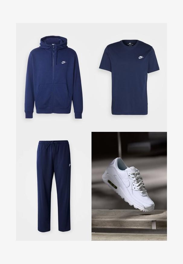 Camisola com fecho em navy blue feita de um suave tecido de fleece, com um bolso frontal, punhos canelados e um logotipo da Nike branco no lado esquerdo do peito.; T-shirt de algodão azul-marinho com decote redondo e mangas curtas. Apresenta um logo branco da Nike no peito esquerdo e uma barra reta.; Calças de jogging leve, de cor azul marinho, feitas de um tecido misto de algodão. Apresentam uma cintura com cordão e um pequeno logotipo no lado esquerdo.; Sapatilha branca de couro com superfícies texturizadas, colarinho acolchoado e amortecimento de ar visível na sola. Apresenta atacadores e um design minimalista.
