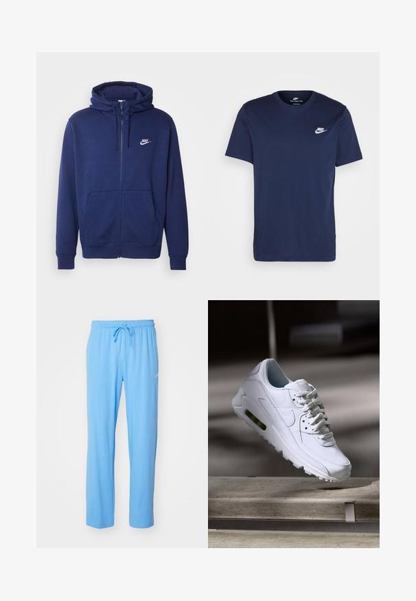 Tamsiai mėlynas zip-up gobtuvėlis, pagamintas iš minkštos vilnos medžiagos, su priekinėmis kišenėmis, gumuotomis rankogaliais ir baltu Nike logotipu kairėje krūtinės pusėje.; Tamsiai mėlynas medvilninis marškinėliai su apvalia kaklo išpjova ir trumpomis rankovėmis. Kairėje krūtinės pusėje yra baltas Nike logotipas, o apačia yra tiesi.; Šviesiai mėlynos sportinės kelnės, pagamintos iš minkštos medžiagos, su elastingu juosmeniu ir raišteliu, bei maža logotipo detalė šalia klubo.; Baltos odinės спортивiniai bateliai su tekstūruotomis paviršiais, paminkštinta apykakle ir matomu oro amortizatoriumi padu. Yra raišteliai ir minimalistinis dizainas.