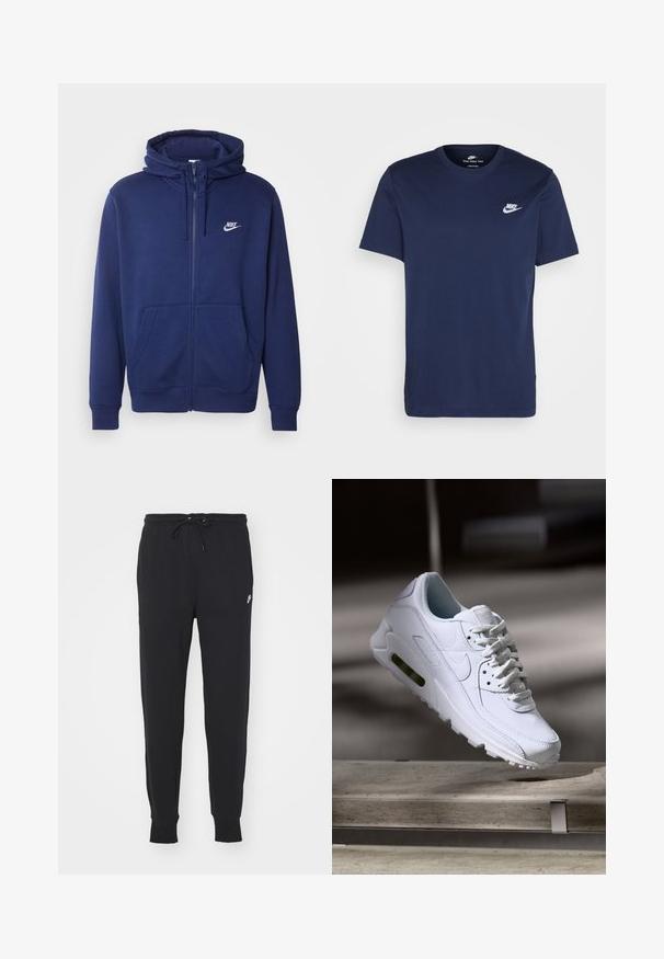 Mørkeblå zip-up hoodie lavet af blødt fleece-stof, med en frontlomme, ribbede manchetter og et hvidt Nike-logo på venstre bryst.; Marineblå bomulds T-shirt med rund hals og korte ærmer. Har et hvidt Nike-logo på venstre bryst og en lige kant.; Sorte sweatpants lavet af bomuldsblanding, med snøre i taljen, tapered ben og et lille hvidt logo fortil.; Hvide lædersneakers med teksturerede overflader, polstret krave og synlig luftpolstring i sålen. Har snørrebånd og et minimalistisk design.