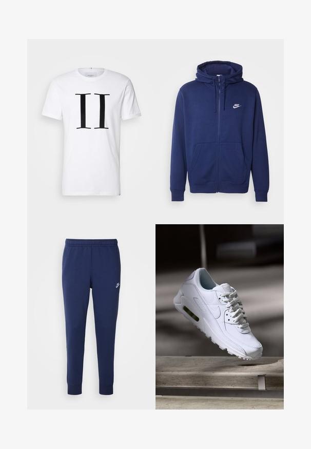 Marineblauwe ritstrui gemaakt van zachte fleece-stof, met een voorzak, ribgebreide boorden en een wit Nike-logo op de linkerkant van de borst.; Witte katoenen t-shirt met een gedurfde zwarte "II" print in het midden. Klassieke ronde hals en korte mouwen. Vlotte textuur, relaxte pasvorm.; Marineblauwe Nike-zweetbroek gemaakt van een zachte katoenmix, met een elastische tailleband, taps toelopende pijpen en een klein wit logo aan de zijkant.; Witte leren sneaker met gestructureerde oppervlakken, gevoerde kraag en zichtbare luchtbescherming in de zool. Heeft veters en een minimalistisch ontwerp.