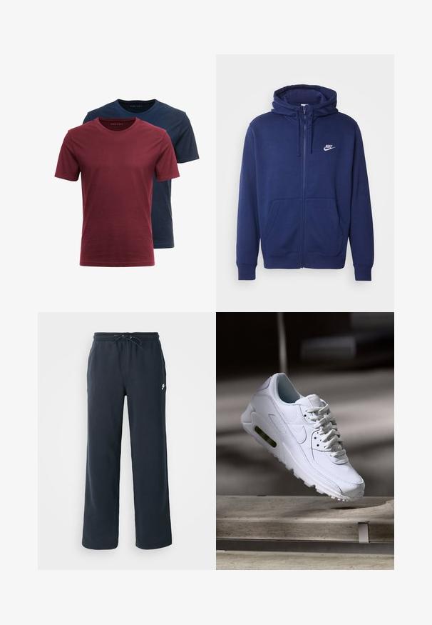 Marineblaue Zip-Hoodie aus weichem Fleece-Stoff, mit einer Fronttasche, gerippten Bündchen und einem weißen Nike-Logo auf der linken Brust.; Zwei Rundhalsausschnitt-T-Shirts übereinander gestapelt; eines in Kastanienrot und eines in Dunkelblau. Aus Baumwolle, mit kurzen Ärmeln und einer glatten Textur.; Dunkelblaue Sweatpants mit einem elastischen Bund und Kordelzug. Hergestellt aus weichem Stoff, mit einem kleinen weißen Logo auf der linken Hüfte.; Weiße Lederturnschuhe mit strukturierten Oberflächen, gepolstertem Kragen und sichtbarer Luftpolsterung in der Sohle. Verfügt über Schnürsenkel und ein minimalistisches Design.
