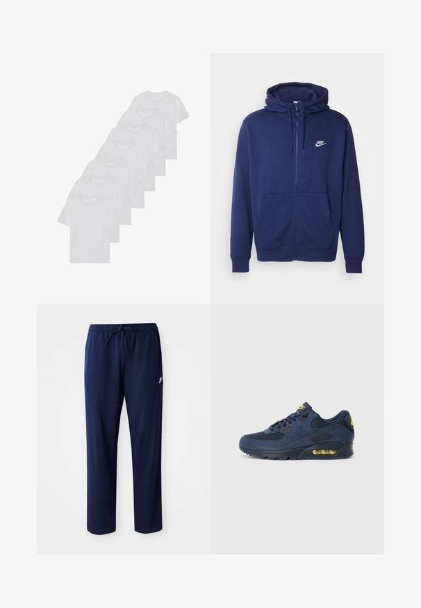 Marineblauwe ritstrui gemaakt van zachte fleece-stof, met een voorzak, ribgebreide boorden en een wit Nike-logo op de linkerkant van de borst.; Witte katoenen T-shirts, korte mouwen, ronde halsontwerp, eenvoudige textuur, gestapeld in een rij, met subtiele branding bij de hals.; Marineblauwe, lichte joggerbroek van een katoenmix. Bevat een tailleband met trekkoord en een klein logo aan de linkerkant.; Marineblauwe Nike Air Max sneakers met een bovenwerk van suede en mesh, voorzien van gele accenten, vetersluiting aan de voorkant en zichtbare luchtvering in de zool.