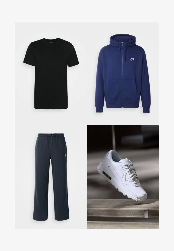 Navy blue zip-up hoodie made of soft fleece fabric, featuring a front pocket, ribbed cuffs, and a white Nike logo on the left chest.; Black short-sleeve T-shirt made of smooth cotton fabric, featuring a crew neckline and a simple design without patterns or accents.; Dark navy sweatpants with an elastic waistband and drawstring. Made of soft fabric, featuring a small white logo on the left hip.; White leather sneaker with textured surfaces, padded collar, and visible air cushioning in sole. Features laces and a minimalistic design.