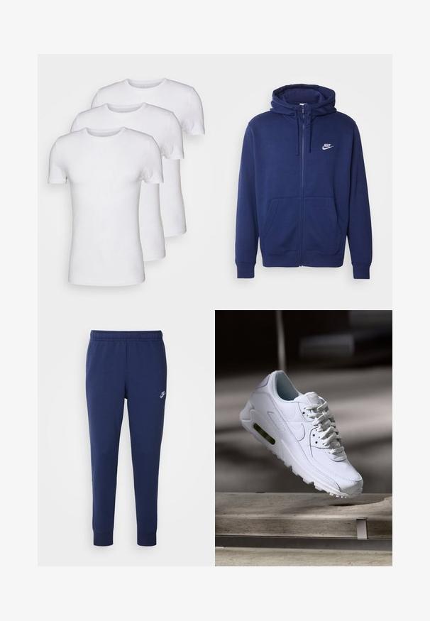 Marineblaue Zip-Hoodie aus weichem Fleece-Stoff, mit einer Fronttasche, gerippten Bündchen und einem weißen Nike-Logo auf der linken Brust.; Drei weiße Baumwoll-T-Shirts mit kurzen Ärmeln und runden Ausschnitten, glatte Textur und ohne Muster oder Grafiken.; Marineblaue Nike-Sweatpants aus weichem Baumwoll-Mix, mit einem elastischen Bund, schmal zulaufenden Beinen und einem kleinen weißen Logo an der Seite.; Weiße Lederturnschuhe mit strukturierten Oberflächen, gepolstertem Kragen und sichtbarer Luftpolsterung in der Sohle. Verfügt über Schnürsenkel und ein minimalistisches Design.