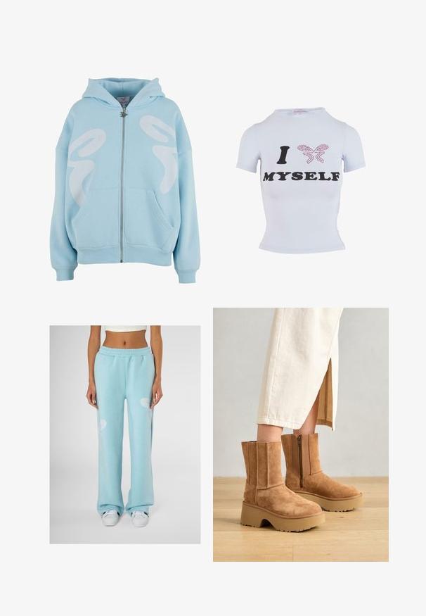 Világoskék, cipzáros kapucnis felső, puha anyagból készült, elöl nagyméretű fehér grafikai mintával, kenguruzsebekkel és bordás mandzsettákkal.; Fehér rövid ujjú póló, fekete "I" és "MYSELF" felirattal, rózsaszín pillangó dizájnnal, amely gyöngyökből készült. Testhezálló fazon.; Világoskék, kényelmes szabású melegítőnadrág, fehér absztrakt mintával mindkét combján és rugalmas derékkal.; Barna velúr bokacsizmák vastag platform talppal, oldalsó cipzárral és függőleges varrási részletekkel, világos krémszínű szoknyával párosítva.