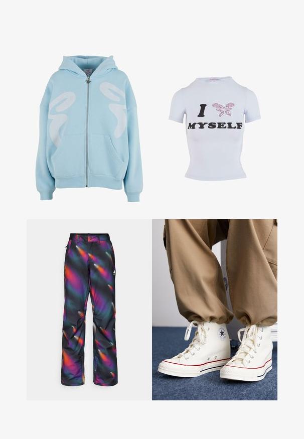 Gaiši zila zipa jaka, izgatavota no mīksta auduma, ar lielu baltu grafiku priekšpusē, kenguru kabatām un ribotām aprocēm.; Balts īsām piedurknēm t-krekls ar melnu uzrakstu "I" un "MYSELF", rotāts ar rozā tauriņa dizainu, kas izgatavots no rhinestones. Pieguļoša silueta.; Ski bikses melnā tonī ar daudzkrāsainu, viļņojošu rakstu purpursarkanos, oranžos un tirkīza toņos; uz kreisās augšējās kājas ir redzams logs.; Balti augstie sneakers no kanvas ar gumijas zoli, ar melnu zvaigžņu logo un sarkaniem un tumši ziliem akcentiem.