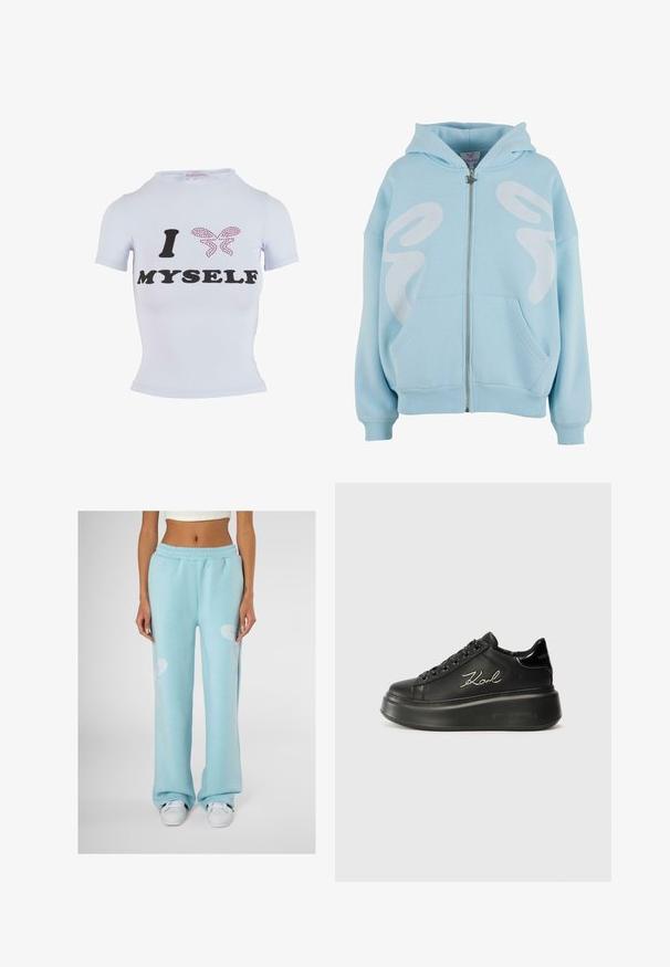 Hele sinine tõmblukuga kapuutsiga jakk, mis on valmistatud pehmest kangast. Esiosal on suur valge graafiline disain, ees on känguru taskud ja soonikkoes mansetid.; Valge lühikeste varrukatega T-särk, millel on must tekst "I" ja "MYSELF", ning roosa liblikas, mis on kaunistatud sädelevate kividega. Kitted siluett.; Heled sinised dressipüksid, millel on vabalt voolav lõige, valgete abstraktsete mustritega igal reiel ja elastne vöökoht.; Mustad mustad sneakerid, millel on sile nahkpind, tasased paelad ja brodheeritud "Karl" logo külje peal. Ümmargune varvas ja paks tald.