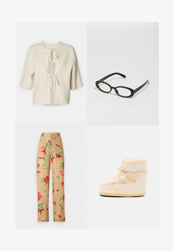 Kurzärmeliger, offener Cardigan aus weichem, cremefarbenem Material mit gerippter Textur und zwei Bindebändchen am Hals.; Weißes T-Shirt mit kurzen Ärmeln aus Baumwolle. Hat einen Rundhalsausschnitt und eine lockere Passform. Glatte Textur ohne sichtbare Muster oder Akzente.; Blumenmusterhose mit beigem Hintergrund, versehen mit roten und grünen Blumen sowie schwarzen Akzenten. Lockere Passform mit Seitentaschen.; Hellbeige Moon Boot mit rundem Zehenbereich, Kordelzugverschluss und strukturiertem Gummisohle. Verfügt über weiße Markenkennzeichnung und glatte synthetische Materialien.; Einfache schwarze Brille mit klaren Gläsern, die über eine glatte Oberfläche und breite Bügel verfügen. Die Gläser haben einen dezenten lilafarbenen Farbton. Logo an der Seite.