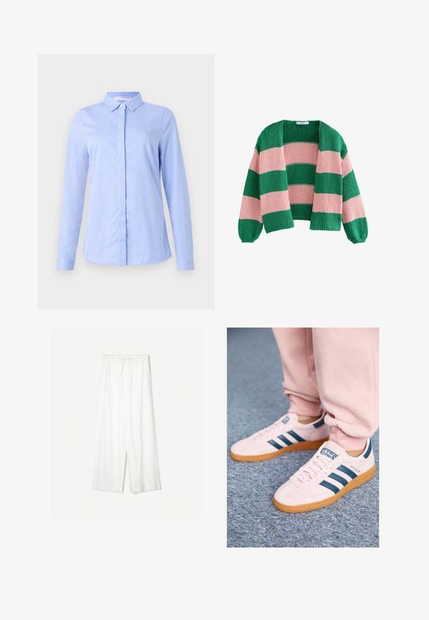 Zöld és rózsaszín csíkos kötött kardigán, laza fit, nyitott elülső résszel és hosszú ujjakkal. A textúrája vastag és lélegző.; Kék és fehér csíkos, hosszú ujjú ing gallérral, sima szövettextúrával és ívelt aljjal.; Fehér, laza szabású, gumis derekú nadrág, sima háttér előtt bemutatva, kiemelve az ellazult stílusát és az anyag textúráját.; Világos rózsaszín velúr sportcipők sötétkék bőr csíkokkal és gumi talppal. Jellemzői közé tartozik a lapos fűző és a márkázás az oldalon és a nyelvén.