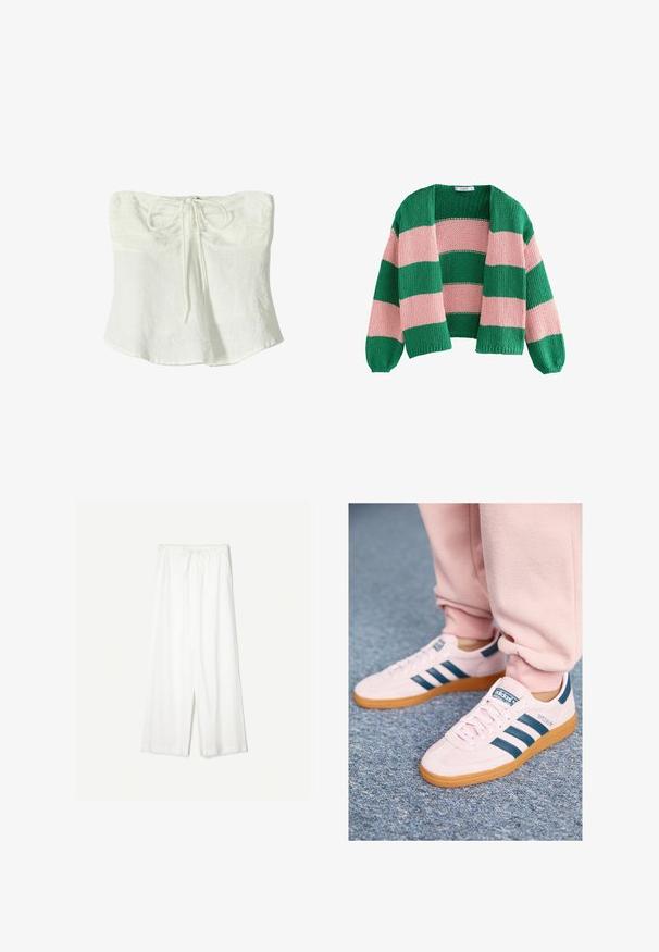 Groen en roze gestreepte gebreide cardigan met een losse pasvorm, open voorkant en lange mouwen. De textuur is chunky en ademend.; Witte linnen strapless top met een knoopdetail aan de voorkant en een ontspannen, vloeiende silhouet. Getextureerde stof met een licht gekreukte uitstraling.; Witte wijde broek met een trekkoord in de taille, weergegeven tegen een effen achtergrond, wat de ontspannen stijl en de textuur van de stof benadrukt.; Lichtroze suede sneakers met donkerblauwe leren strepen en een gumzool. Kenmerken zijn platte veters en branding aan de zijkant en op de tong.