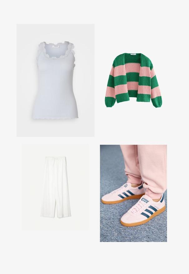 Zöld és rózsaszín csíkos kötött kardigán, laza fit, nyitott elülső résszel és hosszú ujjakkal. A textúrája vastag és lélegző.; Világoskék, bordázott pántos felső, fodros csipkés díszítéssel a nyakán és a karlyukakon. Testhez simuló dizájn, sima textúrával és látható záródás nélkül.; Fehér, laza szabású, gumis derekú nadrág, sima háttér előtt bemutatva, kiemelve az ellazult stílusát és az anyag textúráját.; Világos rózsaszín velúr sportcipők sötétkék bőr csíkokkal és gumi talppal. Jellemzői közé tartozik a lapos fűző és a márkázás az oldalon és a nyelvén.