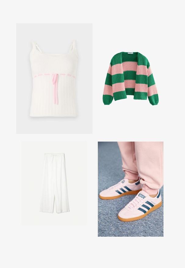 Zeleno-ružový pruhovaný pletený kardigán s voľným strihom, otvoreným predom a dlhými rukávmi. Textúra je hrubá a priedušná.; Biely rebrovaný top na ramienka s priliehavým strihom, s ružovou šnúrkou v páse a čipkovým lemovaním na ramienkach. Textúrovaný s jemným vzorom.; Biele široké nohavice s viazaním v pase, zobrazené na jednofarebnom pozadí, zdôrazňujúce ich uvoľnený štýl a textúru látky.; Svetloružové semišové tenisky s tmavomodrými koženými pruhmi a gumenou podrážkou. K dispozícii sú ploché šnúrky a značka na boku a jazyku.