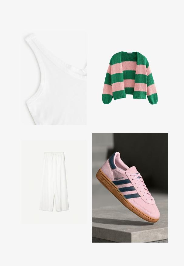 Cardigan tricoté rayé vert et rose avec une coupe ample, un devant ouvert et des manches longues. La texture est épaisse et respirante.; Débardeur blanc avec une texture lisse et douce. Il a des bretelles fines et un décolleté nageur, conçu en matériau en coton léger.; Pantalons larges blancs avec une taille à cordon, présentés sur un fond uni, mettant en valeur leur style décontracté et la texture du tissu.; Baskets en daim rose clair avec trois rayures bleu marine, semelle en caoutchouc et lacets rose clair. Présente un logo "SPEZIAL" sur le côté.