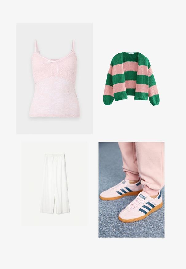 Zeleno-ružový pruhovaný pletený kardigán s voľným strihom, otvoreným predom a dlhými rukávmi. Textúra je hrubá a priedušná.; Hollister Co. Top - pale lilac; Biele široké nohavice s viazaním v pase, zobrazené na jednofarebnom pozadí, zdôrazňujúce ich uvoľnený štýl a textúru látky.; Svetloružové semišové tenisky s tmavomodrými koženými pruhmi a gumenou podrážkou. K dispozícii sú ploché šnúrky a značka na boku a jazyku.
