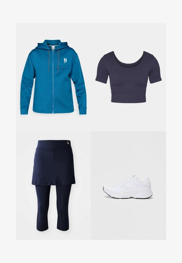 Modra zip-up kapuca iz mehkega blaga. Ima sprednji žep, nastavljivo kapuco z vrvico in logo na levem prsnem delu.; Mornarska kratka majica s kratkimi rokavi, izdelana iz rebraste tkanine. Ima okrogel izrez in prilegan kroj.; Mornarska športna krila z oprijetimi capri legicami. Narejena iz gladkega materiala, ima širok pas in majhen logotip na pasu.; Bela športna obutev z mrežasto zgornjo plastjo, oblazinjenim ovratnikom in teksturiranim podplatom. Ima srebrni logotip na strani in eleganten, sodoben dizajn.