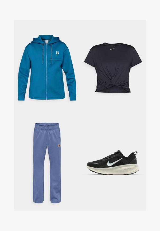 Blaue Freizeitjacke mit Reißverschluss aus weichem Stoff. Verfügt über eine Vortasche, eine verstellbare Kapuze mit Kordelzug und ein Logo auf der linken Brust.; Schwarzes Sport-T-Shirt aus glattem Stoff, mit einem geknoteten Vorderdesign und einem kleinen weißen Nike-Logo auf der Brust.; Blaue Jogginghose mit elastischem Bund, Seitentaschen und einem kleinen, mehrfarbigen Logopatch nahe der linken Tasche. Weicher Stoff.; Schwarzer Nike-Laufschuh mit atmungsaktivem Mesh-Obermaterial, weißem Swoosh-Logo, strukturierten Details und einer cremefarbenen ZoomX-Zwischensohle.