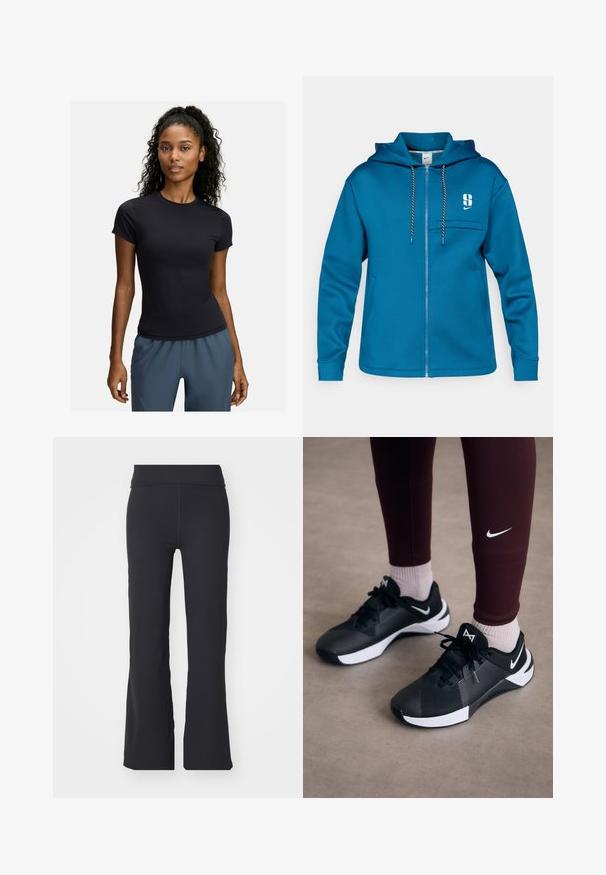 Sinine tõmblukuga kapuutsiga sulejope, mis on valmistatud pehmest kangast. Omab esipocketit, reguleeritavat köit kapuutsi ümber ja logo vasakul rinnal.; Must ternarv särk lühikeste varrukatega, valmistatud venivast kangast, ümmarguse kaelusega ja vormitud disainiga, koos hallide spordipükstega.; Mustad laia säärega mustad püksid, mis on valmistatud venivast kangast ja neil on kõrge vöökoht. Omavad puhtaid jooni ja siledat tekstuuri, sobivad igapäevaseks kandmiseks.; Mustad mustat spordijalatsid tekstuurse pealse ja valgete aktsentidega, koos paelte ja külglogoga. Kanda tumepruunide leggingsidega ja heledate sokkidega.