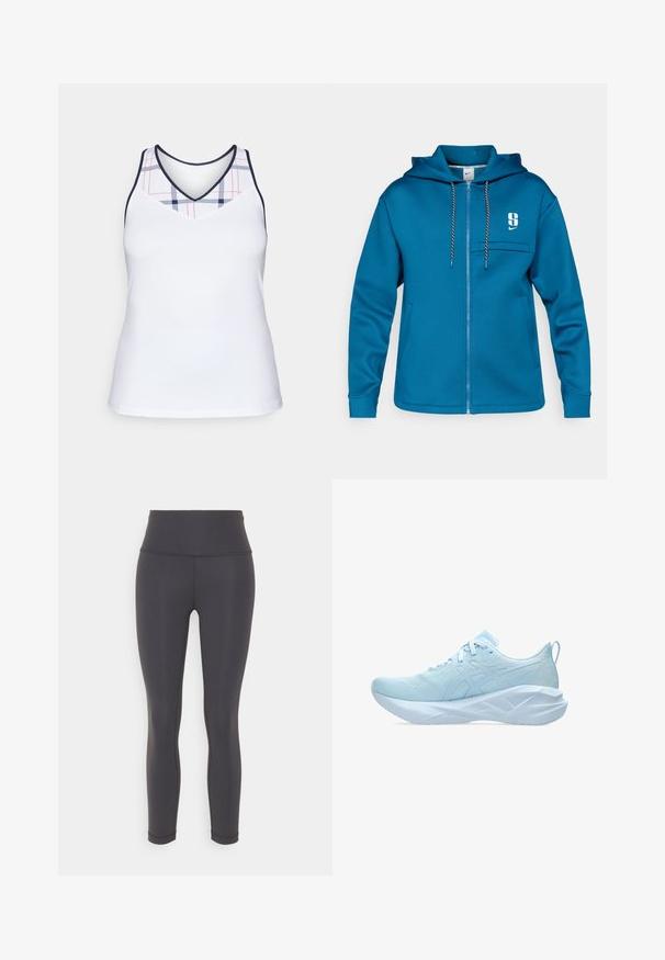 Modrá zipová mikina vyrobená z měkké látky. Obsahuje přední kapsu, nastavitelnou kapuci se šňůrkou a logo na levé hrudi.; Bílý sportovní top s výstřihem do V a kostkovaným vzorem v námořnické modři a červené na horní části. Hladká, lehká tkanina.; Černé sportovní legíny vyrobené ze strečového materiálu, s vysokým pasem, elegantním střihem a bezešvou konstrukcí bez vzorů.; Světle modré sportovní boty s horní částí z síťoviny, plochými tkaničkami a silnou, texturovanou podrážkou s geometrickými detaily pro stabilitu.