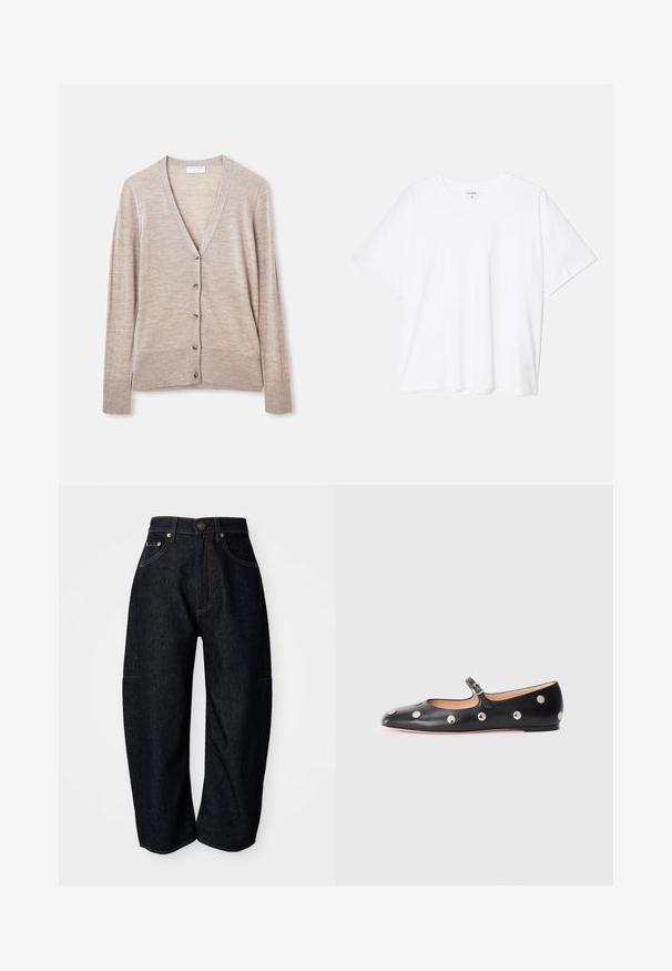 Beige cardigan made of lightweight knit fabric, featuring a V-neckline, long sleeves, and six button closures down the front.; White cotton t-shirt with short sleeves, round neckline, relaxed fit, and stitched hem. Label visible on the inside neck.; Dark denim jeans with a relaxed fit, featuring subtle orange stitching, front pockets, and a flat waistband with a button closure.; Black leather Mary Jane flat shoe with a rounded toe, featuring silver circular studs and an adjustable strap with a buckle.