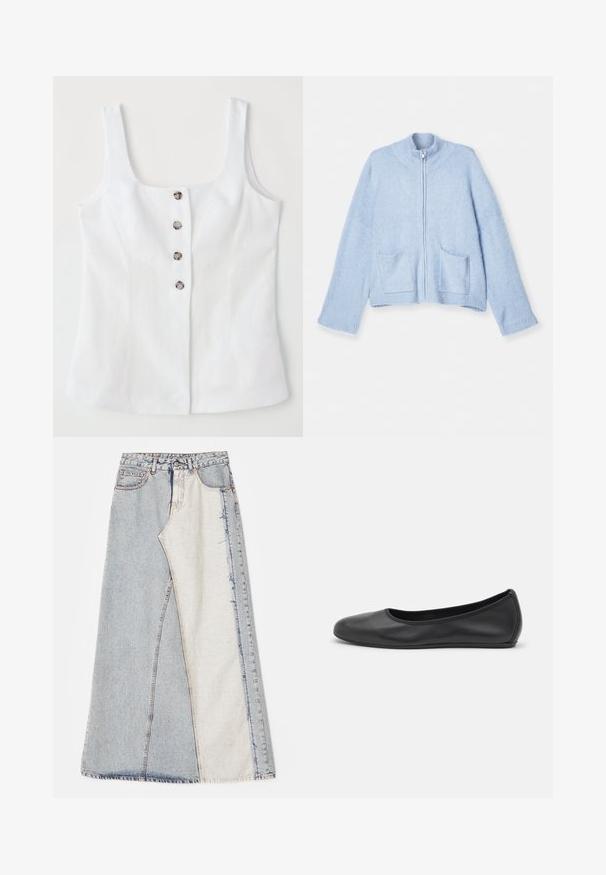 Lys blå zip-up cardigan, blød uldblanding, høj krave, ribbede manchetter, to forlommer, afslappet pasform og en glat tekstur.; Hvid linned top med firkantet udskæring, fem metalliske knapper foran og brede skulderstropper. Glat tekstur og skræddersyet pasform.; Denim nederdel med patchwork design bestående af lyse og mellemblå sektioner, frayed kanter og høj talje. Klassisk fem-lomme stil.; Sort læderballetsko med rund tå, glat tekstur, minimal syning og et fleksibelt såldesign.