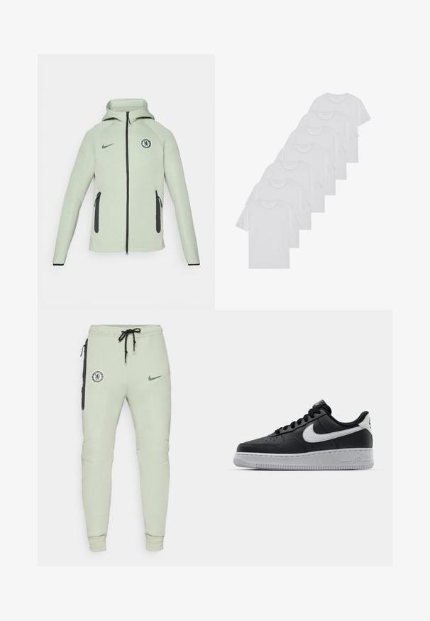 Lys grøn hettegenser med glidelås, med et sirkulært Chelsea FC-logo, svarte detaljer og to frontlommer med glidelås.; Hvite bomulls T-skjorter, korte ermer, rund hals-design, enkel tekstur, stablet i en rekke, med subtil merking ved halsen.; Lys grønne treningbukser med en tettsittende design, med Chelsea FC-logo og Nike swoosh, sidelommer med svarte detaljer, og elastiske mansjetter.; Svart lær sneakers med teksturert overflate, hvit Nike swoosh, grå såle, rund tå og snøredesign. Har perforeringer på tåboksen.